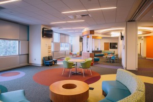 Pictured is the main reception area of the 3rd floor, which houses the Robert L. Tidwell Procedure Center and Heart Institute outpatient services. The 2000-square-foot reception provides a space for families to remain close to their children undergoing surgeries and other procedures on the floor.